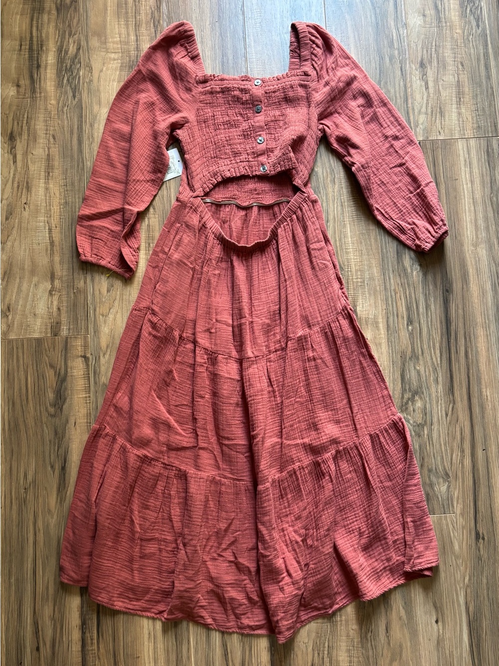 BeachLunchLounge Cotton Luana Gauze Smocked Cutout Back Puff Sleeve Dress Boho M - Picture 5 of 8